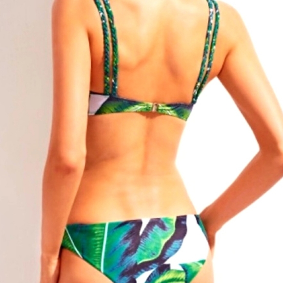 NEW SMALL / Medium 2 PIECE SWIMSUIT WHITE & GREEN BRADED STRAPS LINED PADDED - Picture 3 of 8